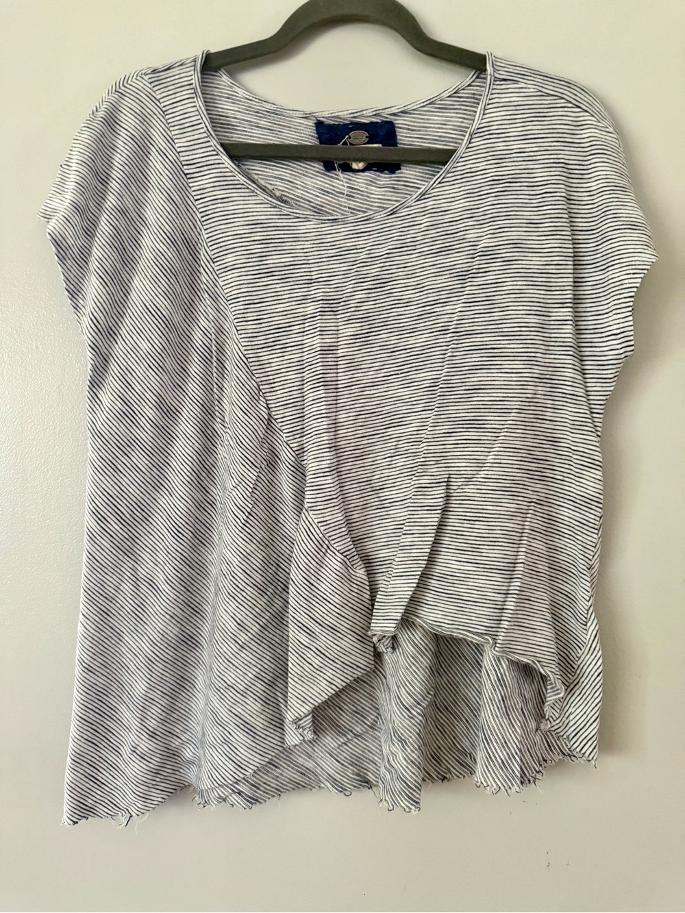 Cupio Asymmetrical Striped Draped Knit Top Grey White Raw Edge Handkerchief Hem